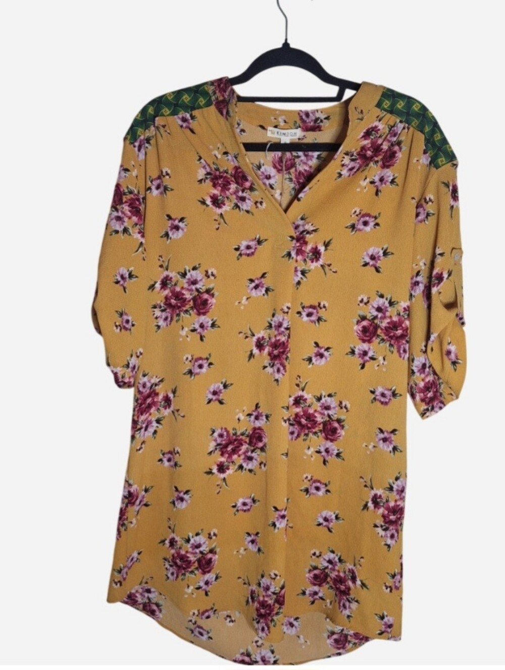 KinDom Mustard Floral 3/4 Sleeve Boho Hippie Tunic Dress Size S Very Oversized
